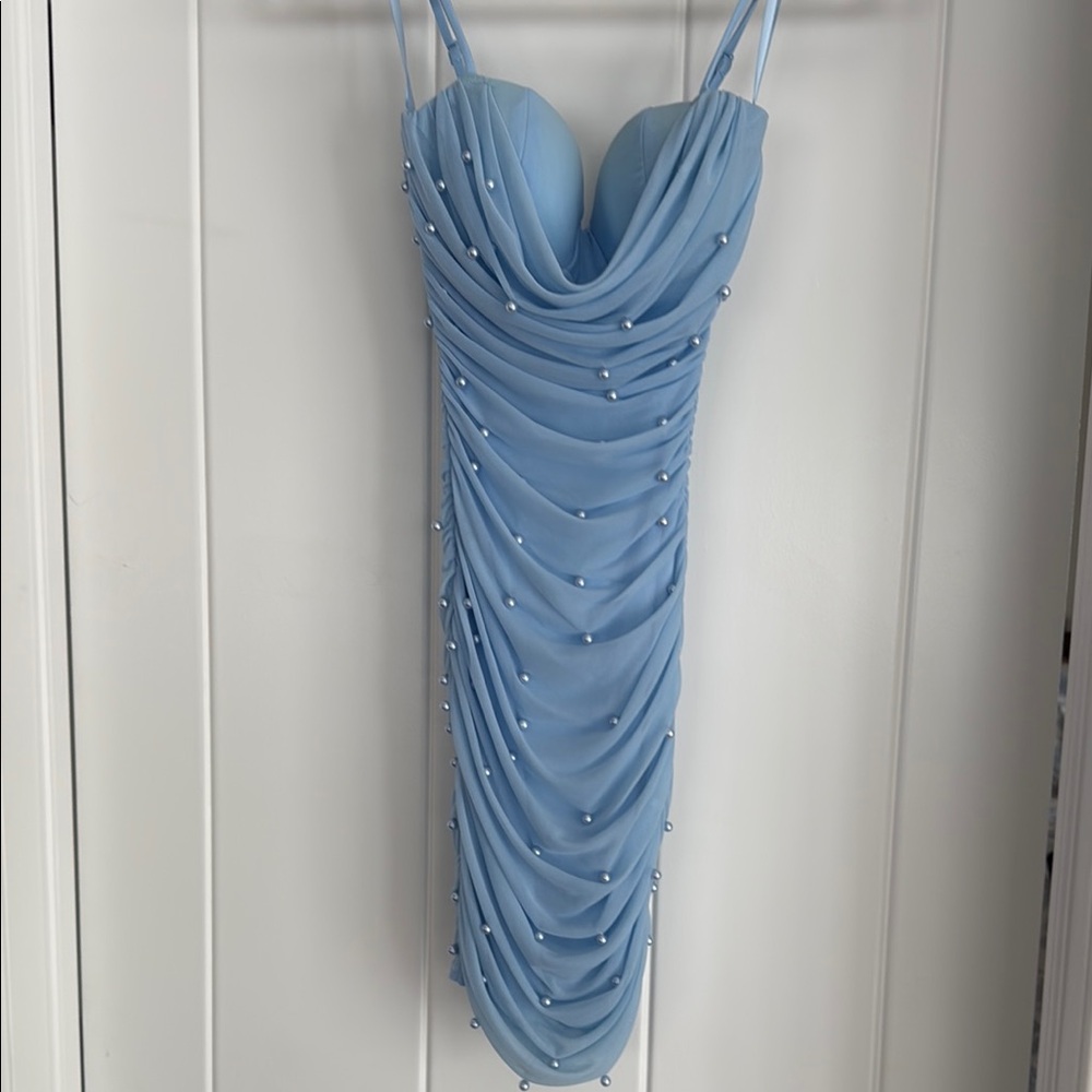 Windsor Light Blue Strapless Dress with Bead Accents